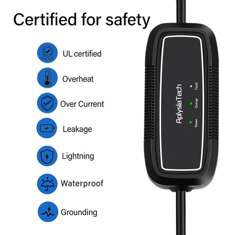 Heavy Duty Portable Level 1 And 2 EV Charger 16 Amp 110 To 240 Volt SAE J1772 Electric Car Charging Cable safety certification features