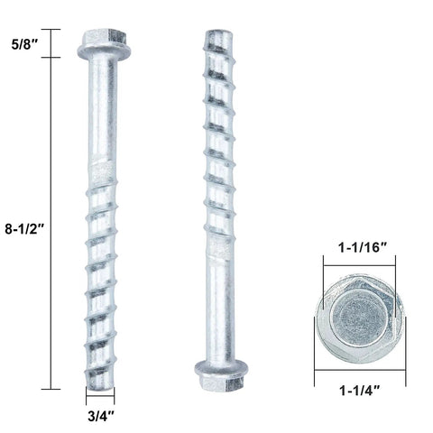 Heavy Duty 3/4 X 8-1/2 Inch Concrete Anchor Bolts 10 Piece Set Hex Head Zinc Coated Carbon Steel detailed dimensions shown.