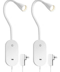 2-Pack LED Wall Mount Bedside Reading Light With USB Output, 5 Brightness Levels, Touch Control, Flexible Gooseneck, White