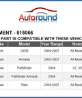 Infiniti and Nissan vehicle compatibility chart for Front Wheel Bearing Hub Assembly 515066 6 Lug With ABS For Nissan Titan Armada
