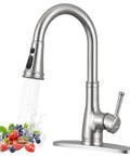 Vintage Kitchen Faucet With Pull Down Sprayer In Brushed Nickel Finish, high arc spout with fruits being rinsed.