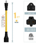 Beefy 12AWG 15A To 20A 125V 250V 4-In-1 AC Power Adapter Cable with NEMA 5-15P to 5-15R, 5-20R, 6-15R, 6-20R, 1-foot length