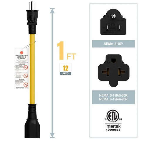 Beefy 12AWG 15A To 20A 125V 250V 4-In-1 AC Power Adapter Cable with NEMA 5-15P to 5-15R, 5-20R, 6-15R, 6-20R, 1-foot length