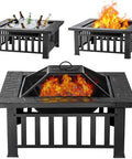 32 Inch Fire Pit Table Outdoor Patio Heater Square Metal Stove For Backyard And Garden 3 In 1 Outdoor Fireplace With Cooler