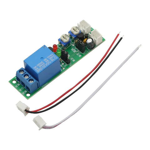 12V DC Timer Relay Module With Adjustable Cycle Delay And On Off Switch, DIY Friendly Power Shield For Arduino Projects, 0 To 60 Minute Delay, Single Time Mode, Easy Wiring, Reliable Relay Control For Automations. Green PCB relay module with blue relay and wires