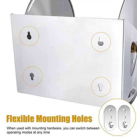 Heavy Duty Wall Mounted Hose Reel with mounting holes, dual wheel smooth winding, ergonomic crank, silver finish