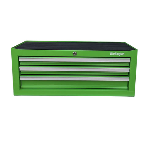 Beefy Three Drawer Portable Metal Tool Chest Built Heavy Duty With Ball Bearing Slides And Central Cam Lock 26 Inch Middle Cabinet Steel Tool Storage Box Organizer In Green, front view