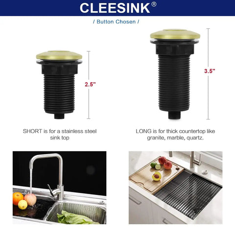 Brushed Gold Garbage Disposal Switch Kit with two sizes for sink installation; shown with countertop and sink examples.