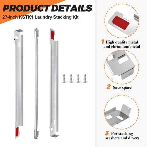 Heavy Duty Washer Dryer Stacking Kit For 27 Inch Laundry Machines, chrome metal frame pieces with screws for installation.