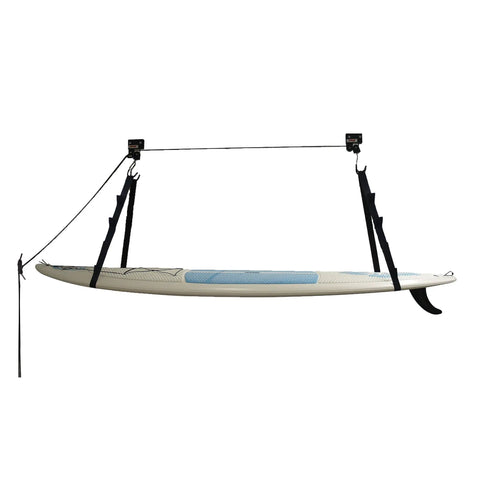 Easy Garage Storage Hoist For Kayaks Canoes Bikes And Ladders One Person Lift System With Pulleys Hooks Brackets Hardware 50 Ft Rope Saddle Straps 120 Lb Capacity Black, kayak overhead