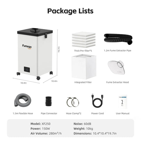 Package contents of Low Noise Laser Fume Extractor For 10 To 40W Engravers With 150W Power And 280 Cubic Meters Per Hour Air Flow HEPA