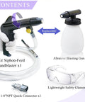 Tough As Nails Air Compressor Sand Blaster Gun For Knocking Out Rust And Paint Stripping Smooth Operator Cleaning Rig contents including blast gun, safety glasses, and connector.