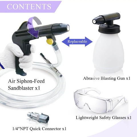 Tough As Nails Air Compressor Sand Blaster Gun For Knocking Out Rust And Paint Stripping Smooth Operator Cleaning Rig contents including blast gun, safety glasses, and connector.