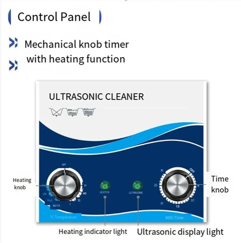 Control panel of Top Shelf Badass Ultrasonic Vinyl Record Washer with timer and heating function knobs.