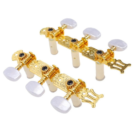 Classical Guitar Tuning Pegs Set With 1:15 Gear Ratio White Button Machine Heads For Acoustic Guitars, Heavy Duty Metal Tuning Keys, Left And Right Replacement Parts, Smooth, Durable Tuning You Can Trust, gold 2-pack with white buttons