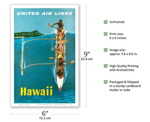 Outrigger Canoe Surfing Vintage Airline Travel Poster By Stan Galli, 1960s Master Art Print, Unframed 6x9 Inch Matte Finish On Heavyweight Paper