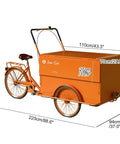 Fly Rideable Food Vending Cart With Canopy And Wheels, Mobile Dessert Display Stand For Festivals, Portable Coffee Cart To Kickstart Your Hustle, Street Smart Vendor Tricycle In Bright Orange with dimensions.
