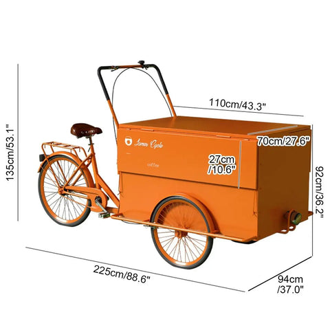 Fly Rideable Food Vending Cart With Canopy And Wheels, Mobile Dessert Display Stand For Festivals, Portable Coffee Cart To Kickstart Your Hustle, Street Smart Vendor Tricycle In Bright Orange with dimensions.