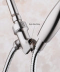 Shower Head Holder For Handheld Showers With Adjustable Arm Mount And Brass Swivel Ball In Brushed Nickel Finish Great For A Smooth Upgrade Durable Brass And ABS Construction For Long Lasting Use. brushed nickel shower holder with anti-slip strip and brass swivel ball