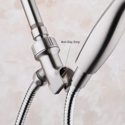 Shower Head Holder For Handheld Showers With Adjustable Arm Mount And Brass Swivel Ball In Brushed Nickel Finish Great For A Smooth Upgrade Durable Brass And ABS Construction For Long Lasting Use. brushed nickel shower holder with anti-slip strip and brass swivel ball