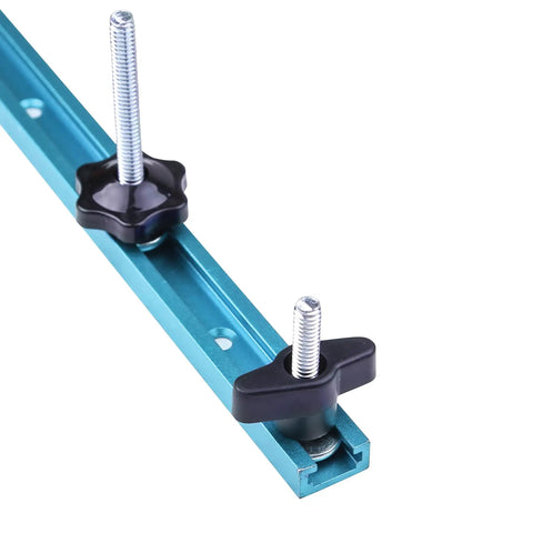 Quarter Inch T Track Bolts and Knobs Kit Pro Grade for Woodworking Jigs and Fixtures Includes One Inch One and a Half Inch and Two and a Half Inch T Track Bolts and One Inch Hex Bolts Fits Universal T Slot Tracks for DIY Jig Projects shown installed in blue T-slot.