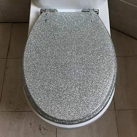 Rock Solid Soft Close Toilet Seat Heavy Duty Resin U Shape Bathroom Seat Slam Free Lid With Zero Hassle Quick Release Hinges And Super Easy Top Mount Setup in sparkling silver finish.