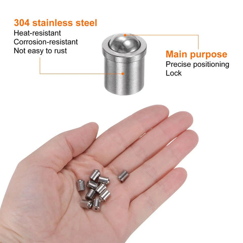 20 Piece Ball Point Spring Plungers 5X6MM 304 Stainless Steel Precision Positioning Pins in hand for cabinet latches and locking.