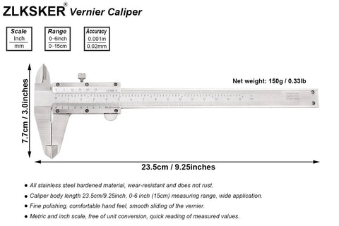 Built Tough Vernier Caliper 0-6 Inch Stainless Steel Precision Measuring Tool with inch and metric readouts, side view