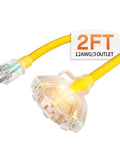 Heavy Duty 2 Ft 12 Gauge Outdoor Extension Cord With 3 Outlets And Indicator Light Waterproof SJTW Cable 15A 125V 1875W For Workshop ETL Listed Flexible Yellow