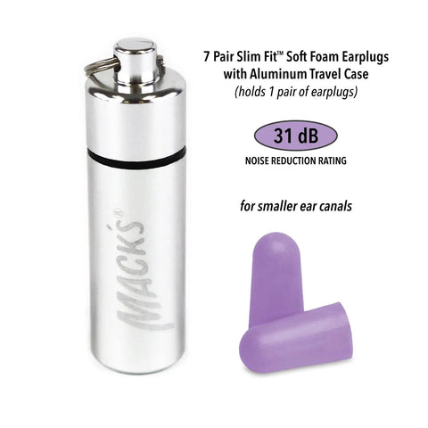 Slim Fit Foam Earplugs For Small Ears With Travel Case shown with aluminum case, 7 pairs of soft, low pressure foam earplugs