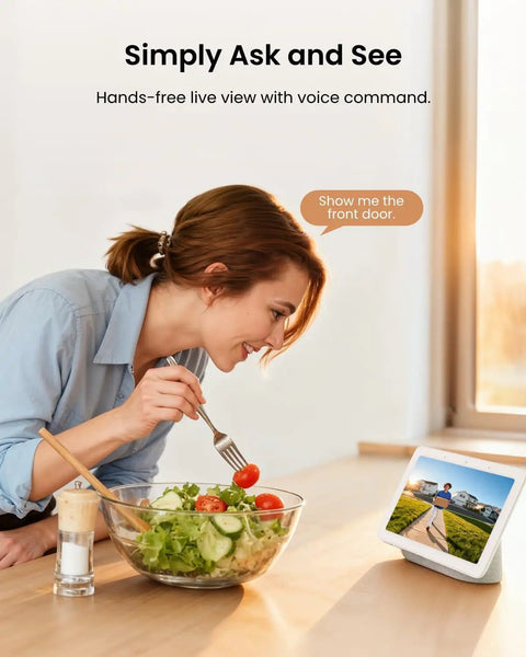 Woman using voice command to view live footage on screen, showcasing 2K PoE Doorbell Camera With Chime V2 Outdoor IP Security Cam.