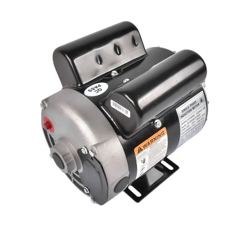 Garage Grade Electric Motor Optimized For Air Compressor Workflows Yields Two Hp Single Phase with black housing and sturdy base.