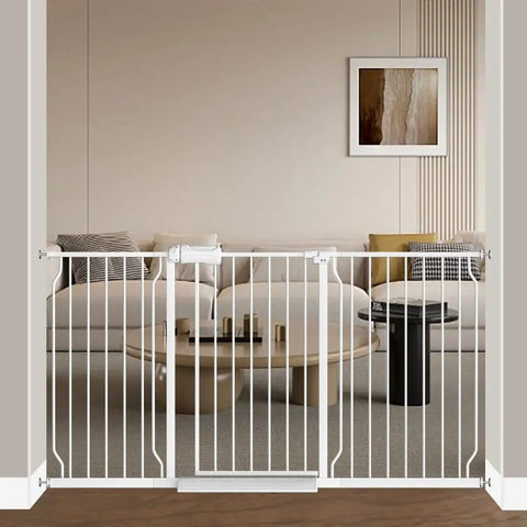 Extra Wide Baby Gate For Dogs And Doorways, Pressure Mounted Safety Gate For Living Room, Expands From 62 To 67 Inches, White in doorway