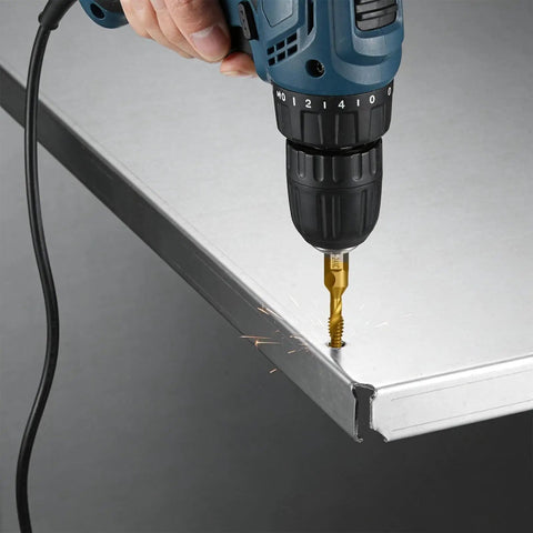 Drill using Six Piece Drill Tap Set Three In One Combo Hex Shank Bits HSS 4341 for deburring aluminum