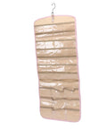 Slick Double Sided Hanging Jewelry Organizer With Foldable Design And Ample Pockets For Rings Earrings Watches, clear compartment design.