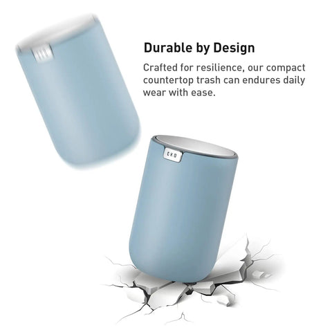 Ultra Compact 1.5L Mini Tabletop Trash Can With Swing Lid For Bathroom Vanity Or Desk Space Saving 4.7 Inch Diameter 6.5 Inch Tall Small Garbage Bin For Office Countertop falling onto cracked surface