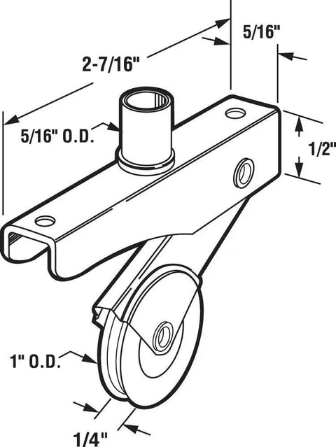 Diagram of Nylon Screen Door Roller Set With Spring Loaded Arm For Bay Mills Patio Doors 1 inch wheel, plastic housing.