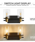2 Light Vanity Light Fixture Black and Gold With Clear Glass Shade Matte Black Finish Brushed Gold Copper Accent Socket comparison