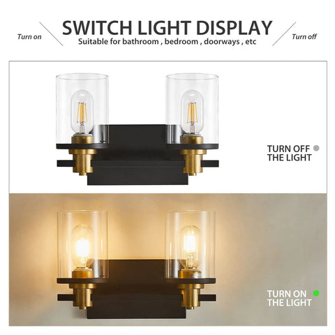2 Light Vanity Light Fixture Black and Gold With Clear Glass Shade Matte Black Finish Brushed Gold Copper Accent Socket comparison
