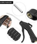Eight Piece Heavy Duty Pistol Grip Air Blower Gun With Angled Nozzle For Kicking Up Dust And Grime In The Shop Or House close-up of grip and angled nozzle.