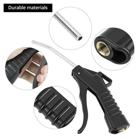Eight Piece Heavy Duty Pistol Grip Air Blower Gun With Angled Nozzle For Kicking Up Dust And Grime In The Shop Or House close-up of grip and angled nozzle.