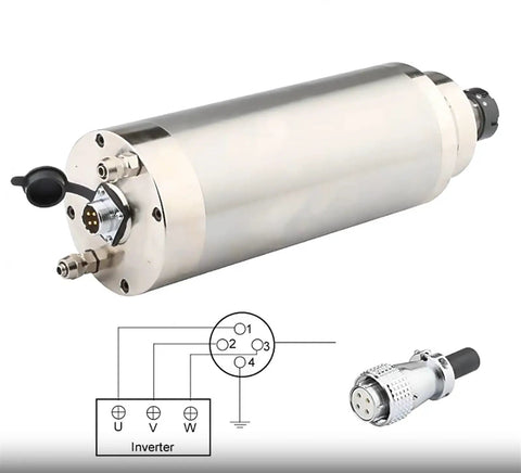Close-up of 3.2 kW Water Cooled Spindle Motor With ER25 Chuck And 4 Hole Aerial Plug, 105 mm Diameter, for CNC Milling Engraving And Grinding