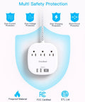 Ultra Thin 10 Foot Flat Plug Power Strip With 3 Outlets And 4 USB Ports Including 2 USB C safety features illustration