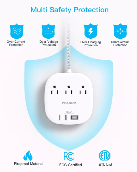 Ultra Thin 10 Foot Flat Plug Power Strip With 3 Outlets And 4 USB Ports Including 2 USB C safety features illustration