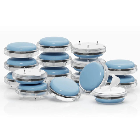 Chair Leg Floor Protectors For Wooden Chairs, Nail On Sliders That Stay Put, 16 Pack, shown in clear plastic with blue pads