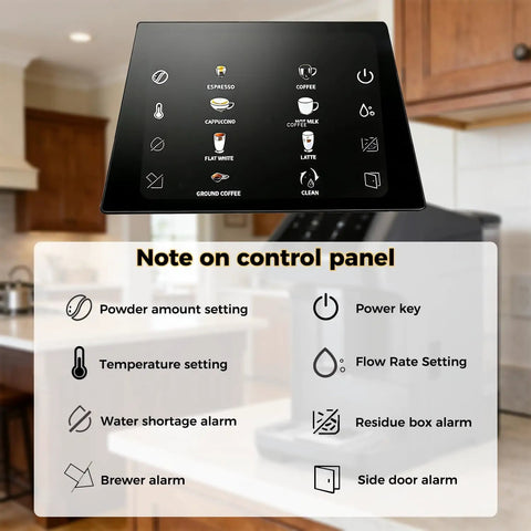 Control panel of the Zero Fuss Automatic Espresso Machine With Built In Grinder, 19 Bar Coffee Maker showing various brewing options.