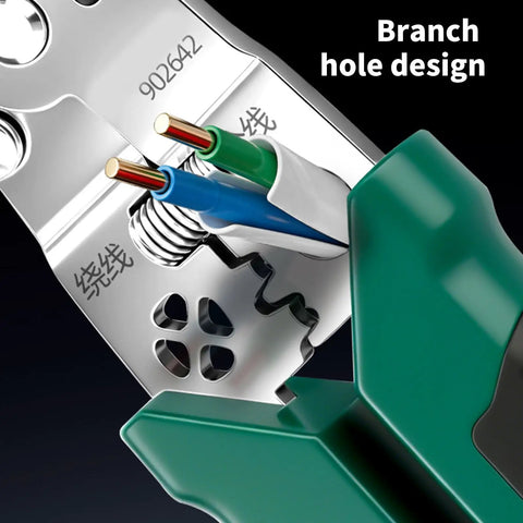 Close-up of Multifunction Wire Stripping Pliers with branch hole design gripping wires