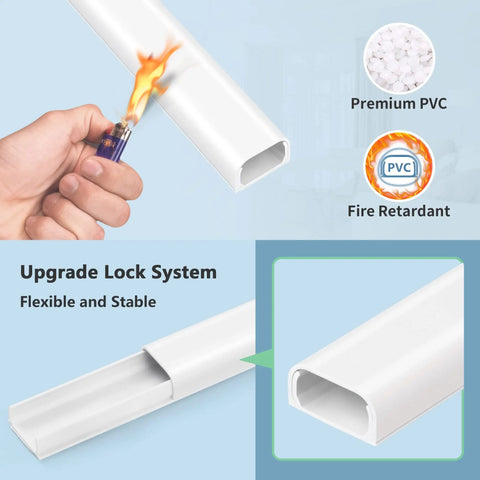 Ultimate Cord Concealer Kit For Wall Mounted TV Cables 9 Pack 17 Inch Each 153 Inch Total White Paintable Wire Covers Channel Easy Install shown with fire retardant feature and upgrade lock system.
