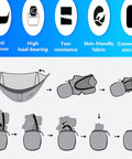 Illustration showing setup and packing of Ultra Comfy Camping Hammock With Mosquito Net, 13ft Tree Straps And Carabiners, Blue.