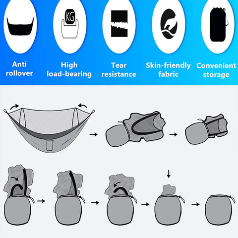 Illustration showing setup and packing of Ultra Comfy Camping Hammock With Mosquito Net, 13ft Tree Straps And Carabiners, Blue.